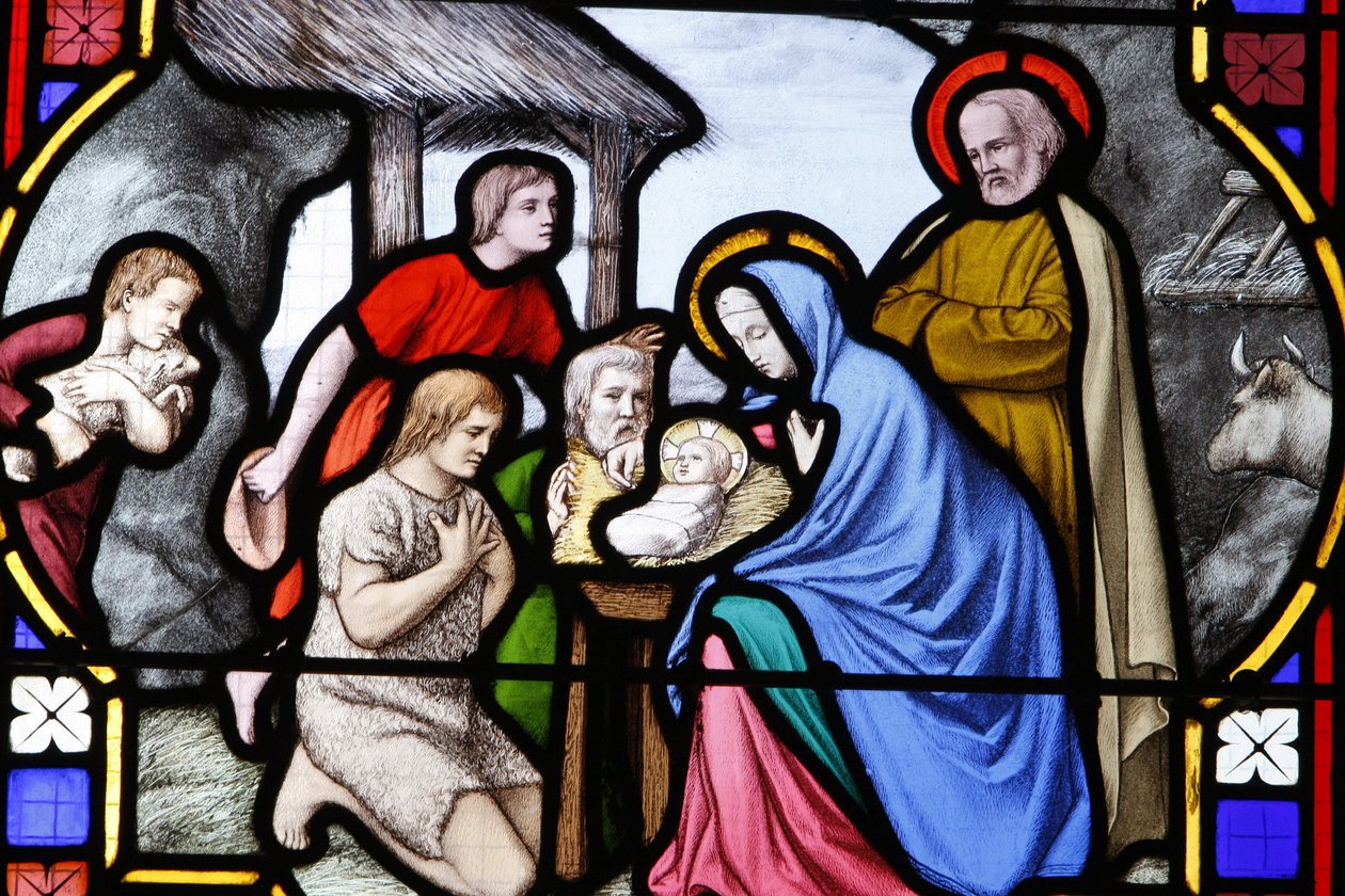 Saint-Corentin (Saint Corentin) katedrális, Quimper ólomüveg: pásztorok imádata, Quimper, Franciaország alkotó: Unbekannt