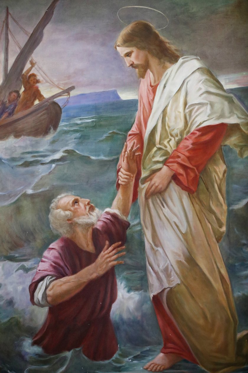 Saint-Grat templom. Festmény. Péter elindult a vízen Jézus felé, de megijedt és süllyedni kezdett, és Jézus megmentette. Valgrisenche. Olaszország. alkotó: Unbekannt