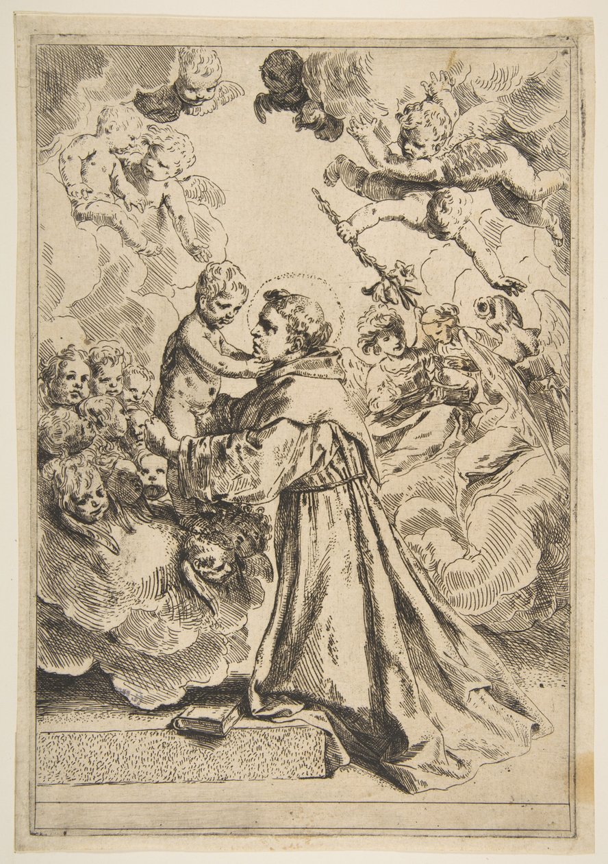 Páduai Szent Antal a dicsőségben lévő Krisztus-gyermeket imádja, Cantarini utáni példány, kb. 1640 vagy utána. alkotó: Unbekannt