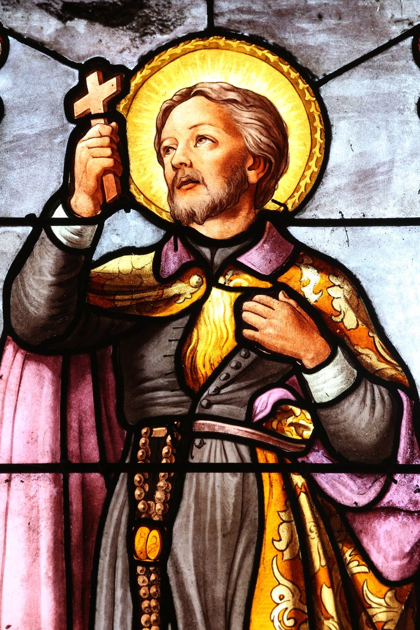 Szent Fargeau templom. Ólomüveg ablak. Xavéri Szent Ferenc római katolikus misszionárius. Franciaország alkotó: Unbekannt