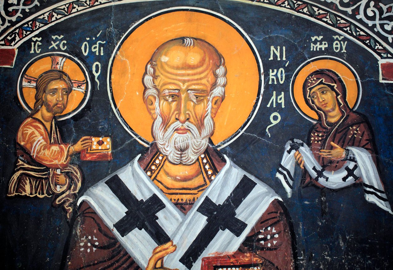 Szent Miklós körülveszi Krisztus és Mária bizánci freskója a 14. századból (1332) Nathex, déli fal Phorbiotissa Virgin templom, Asinou Unesco helyszín Troodos régió, Ciprus alkotó: Unbekannt