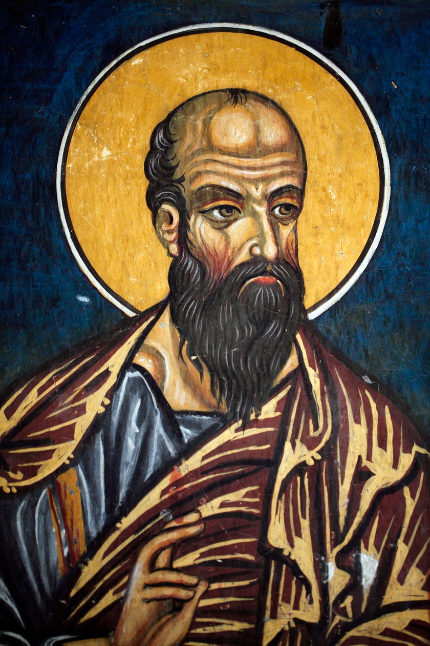 Szent Pál: Bizánci freskó a 14. századból (1332) Nathex, déli fal Phorbiotissa Virgin templom, Asinou Unesco helyszín Troodos régió, Ciprus alkotó: Unbekannt