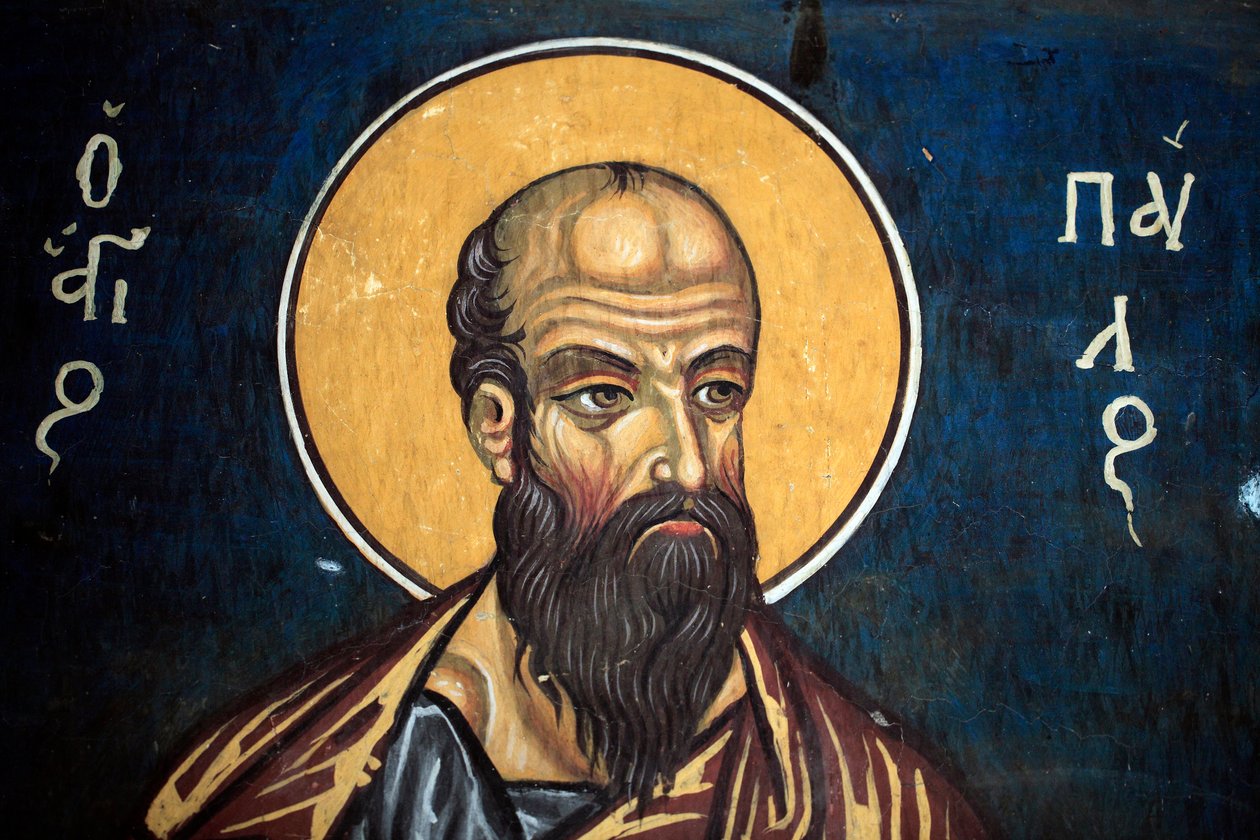 Szent Pál: Bizánci freskó a 14. századból (1332) Nathex, déli fal Phorbiotissa Virgin templom, Asinou Unesco helyszín Troodos régió, Ciprus alkotó: Unbekannt