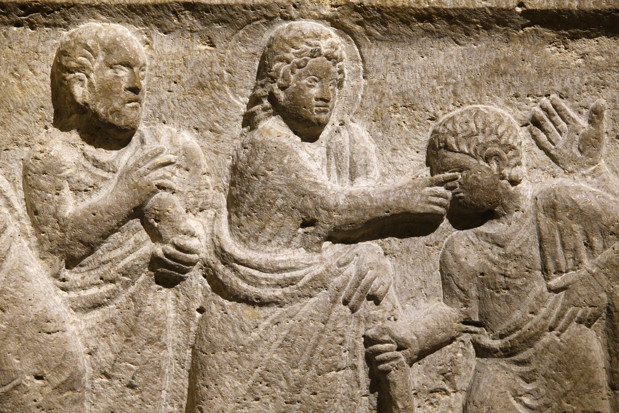 Szent Viktor apátság, Marseille. Szarkofágrészlet: Jézus meggyógyít egy vak embert. Franciaország alkotó: Unbekannt