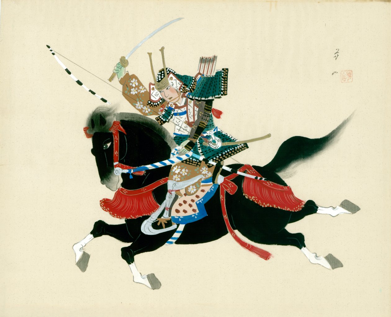 Szamuráj harcos lovaglás. Japán festmény selyemre, hagyományos japán stílusban alkotó: Unbekannt