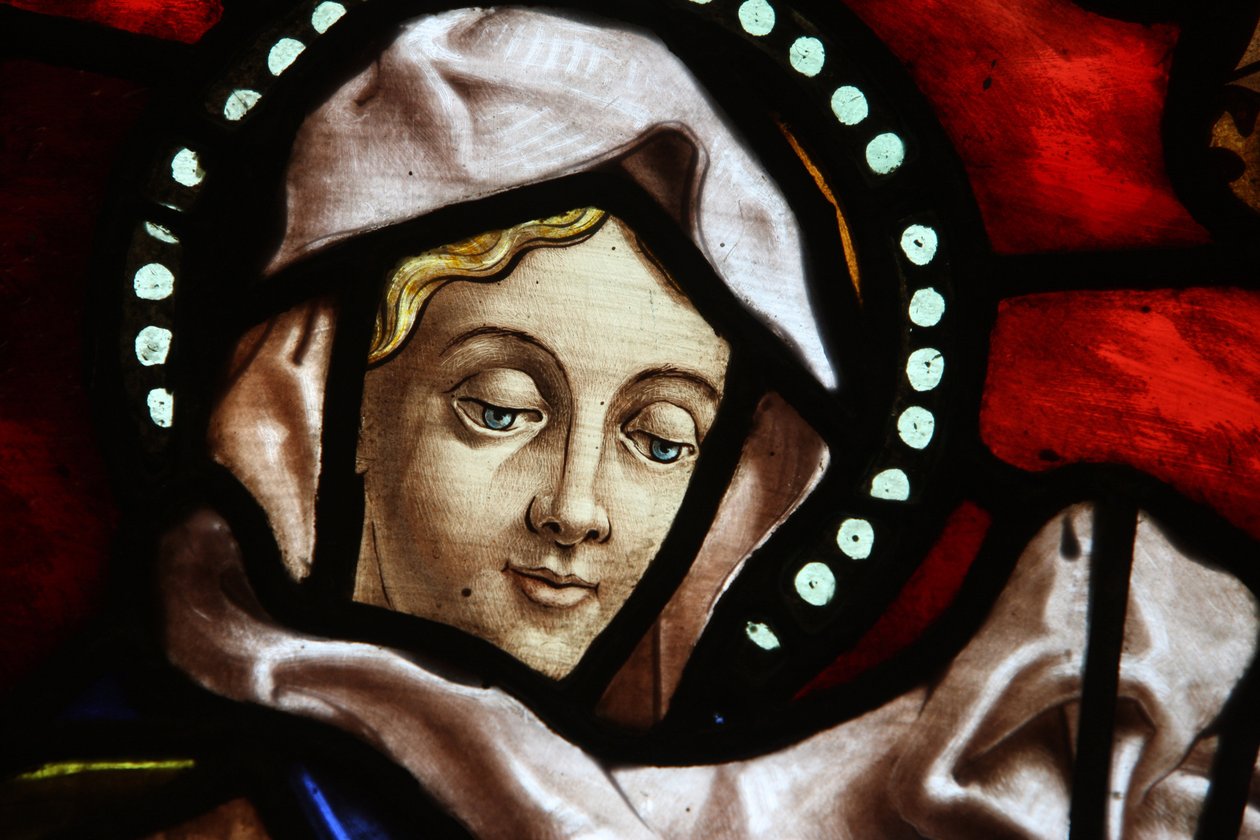 San Jeronimo temploma. Ólomüveg. Szűz Mária Madrid Spanyolország alkotó: Unbekannt