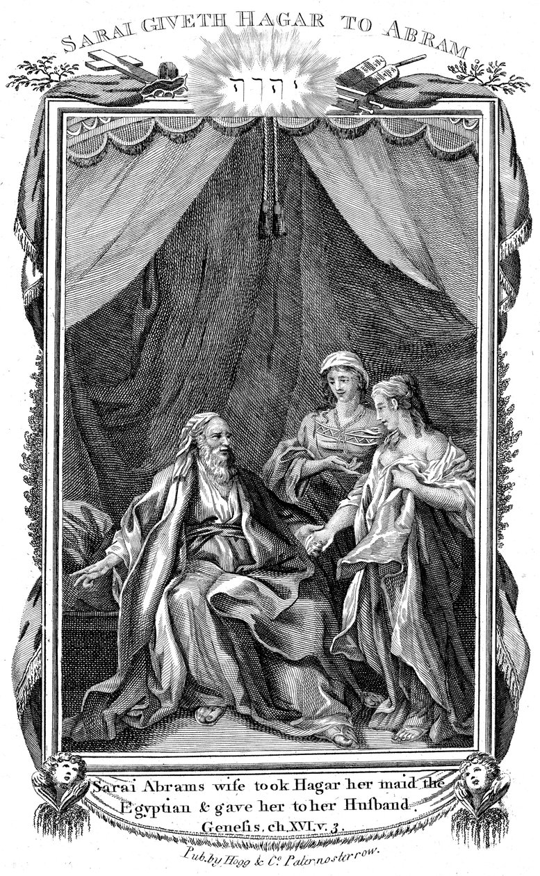 Sarah, Ábrahám felesége, meddő lévén, felajánlja Hágár szolgálólányát férjének, 1804 alkotó: Unbekannt