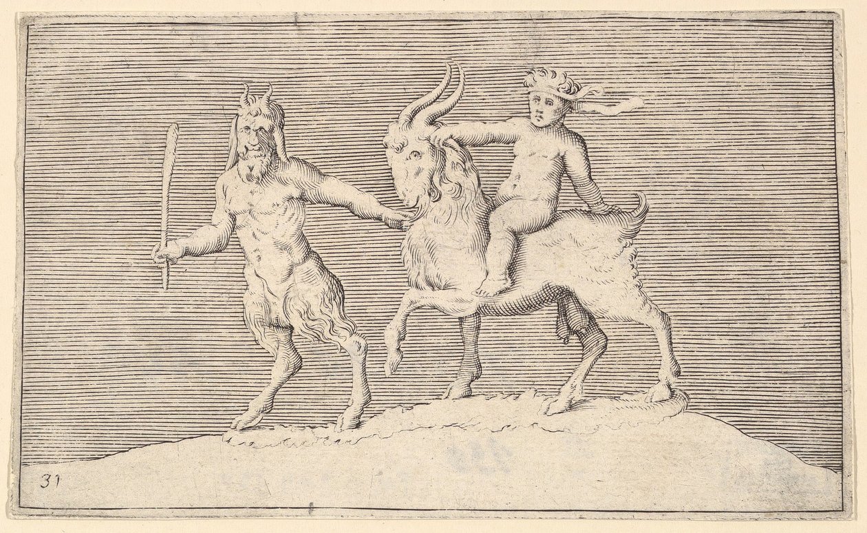 Satyr Leading Goat, amelyen egy csecsemő lovagol, megjelent kb. 1599-1622. alkotó: Unbekannt