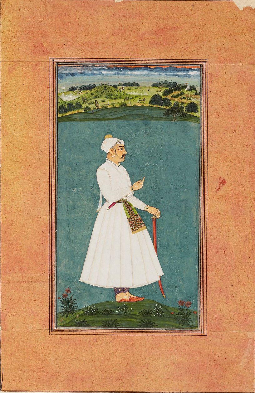 Sawai Jai Singh egy tájban áll, 1730 alkotó: Unbekannt