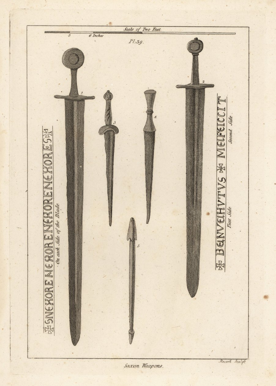 Szász fegyverek: ősi vaskard 1,2 és dörzsök és tőrök 3,4 a Lincolnshire állambeli Wytham folyóban, valamint egy számszeríj a Danbury-i táborban, Essex 5 alkotó: Unbekannt