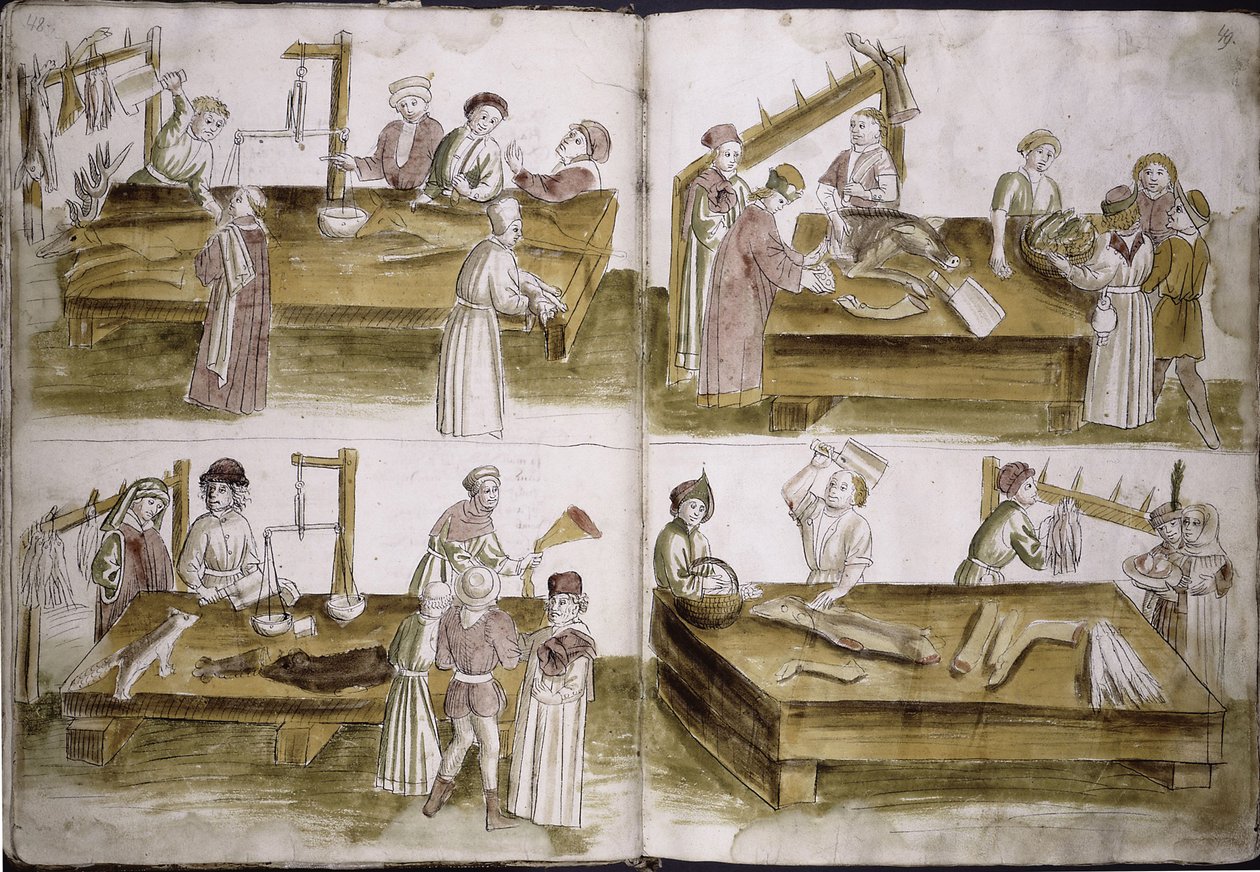 Jelenet a piaci életből hentesekkel a következőből: Ulrich Richental konstanzi zsinat krónikája, 1414-1418 alkotó: Unbekannt