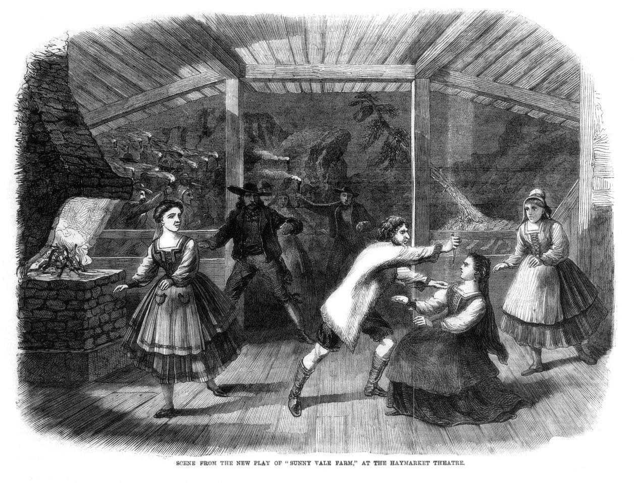 Jelenet a Sunny Vale Farm című darabból, a londoni Haymarket Színházban, 1864 alkotó: Unbekannt
