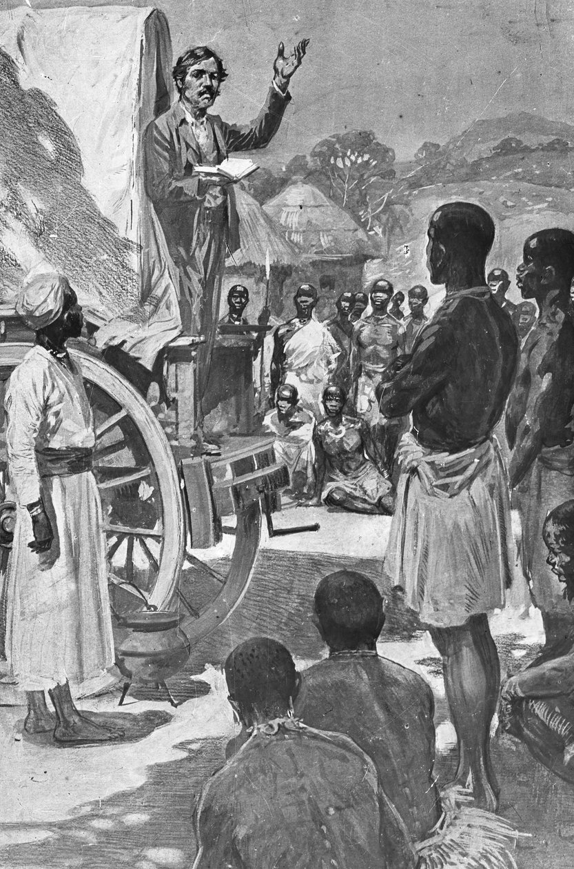 David Livingstone skót felfedező és misszionárius vagonból prédikál, Afrika, 19. század alkotó: Unbekannt
