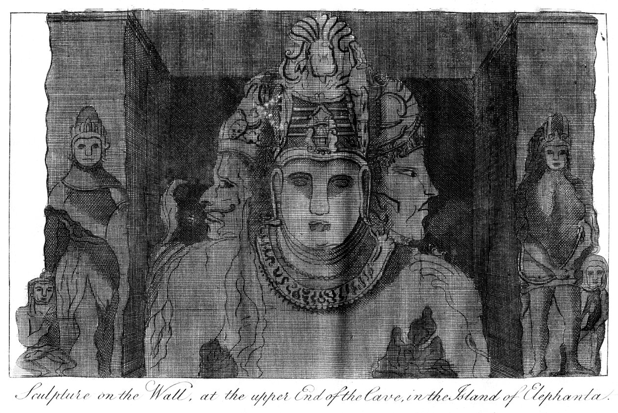 Szobor a falon a barlang felső végén, Elephanta szigete, India, 1799 alkotó: Unbekannt