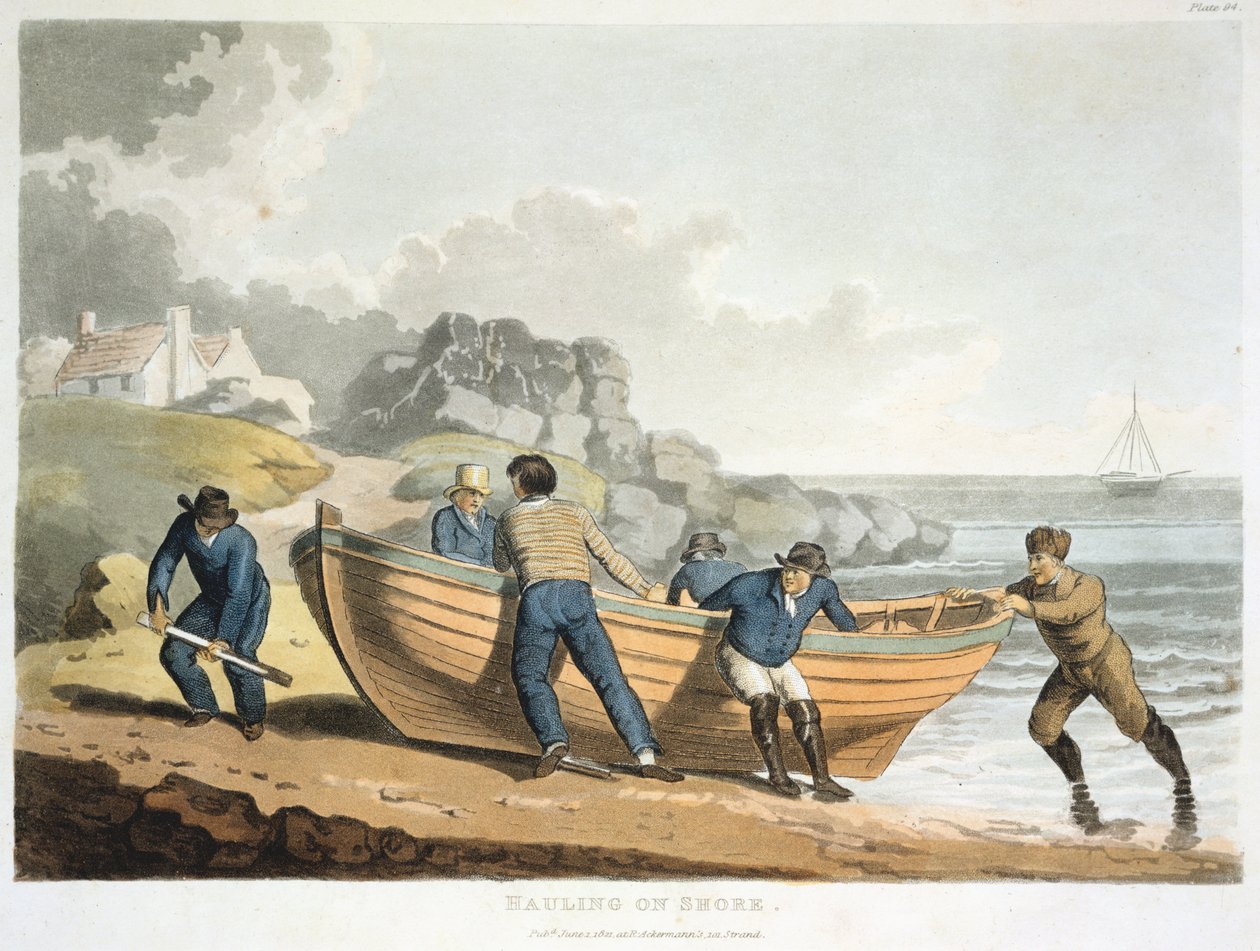 Tengerészek, akik klinkerből készült gumicsónakot húznak fel a partra, 1821 alkotó: Unbekannt