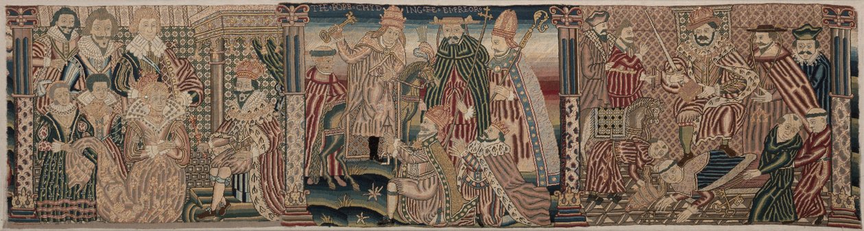 Egy hímzett fríz metszete: Ahasvérus és Eszter, A császárt szidalmazó pápa, 1625-1649. alkotó: Unbekannt