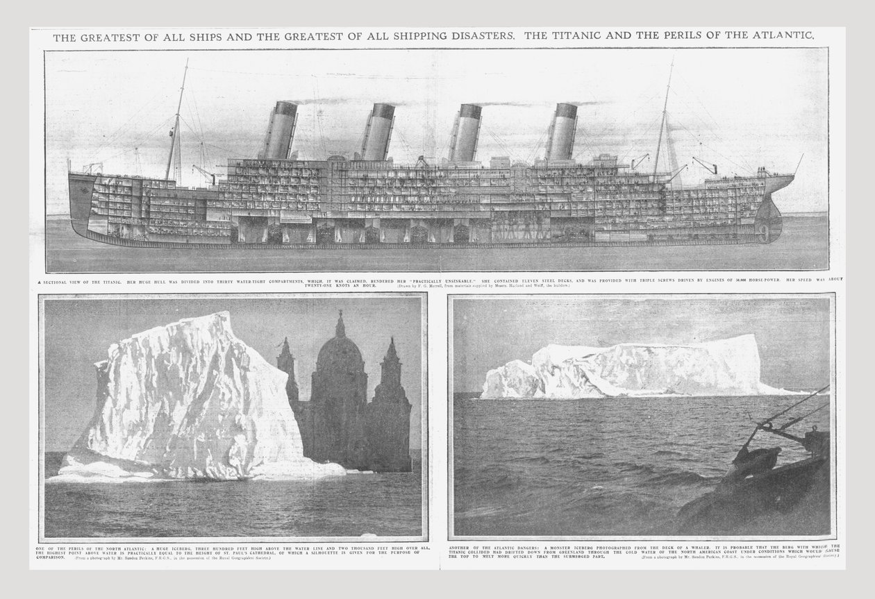 A Titanic és a jéghegyek metszeti diagramja, 1912. április 20. alkotó: Unbekannt