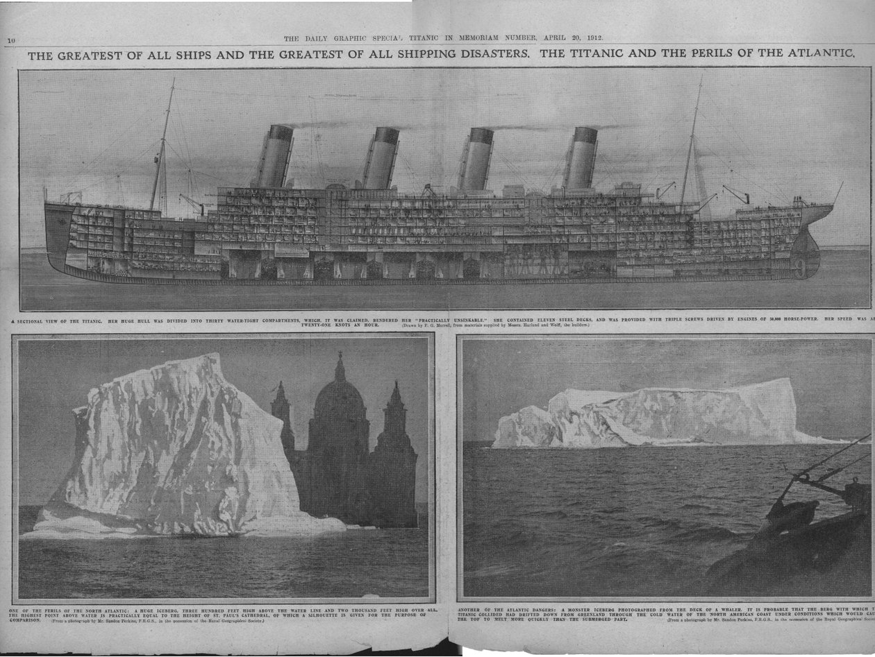 A Titanic és a jéghegyek metszeti diagramja, 1912. április 20. alkotó: Unbekannt