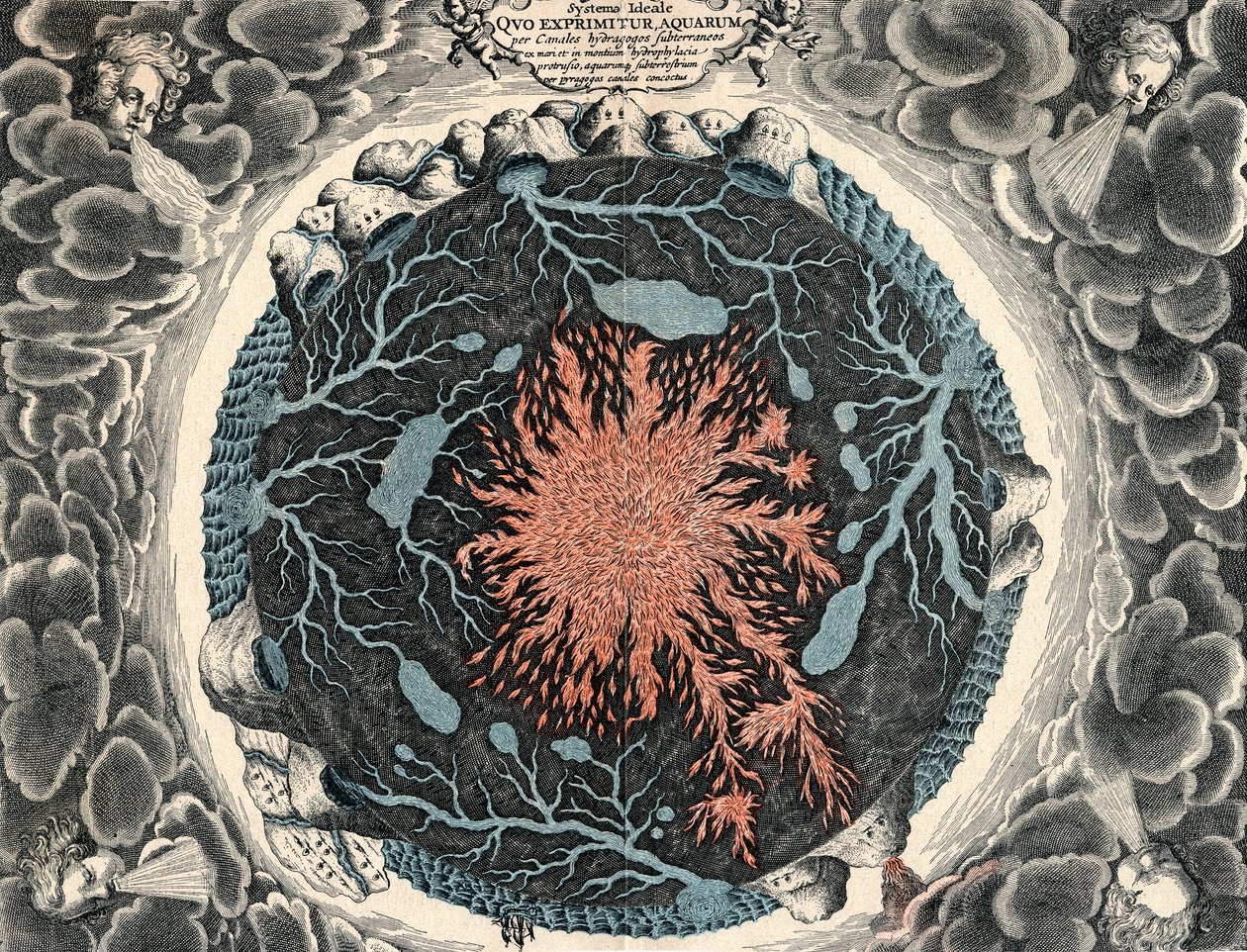 A Föld metszetképe, központi tűz és az óceánokhoz kapcsolódó földalatti csatornák, 1665 alkotó: Unbekannt