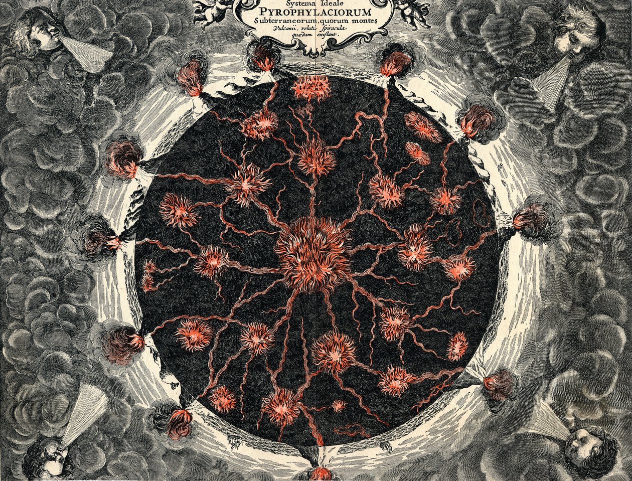 A Föld metszetképe, központi tűz és vulkánok, 1665 alkotó: Unbekannt