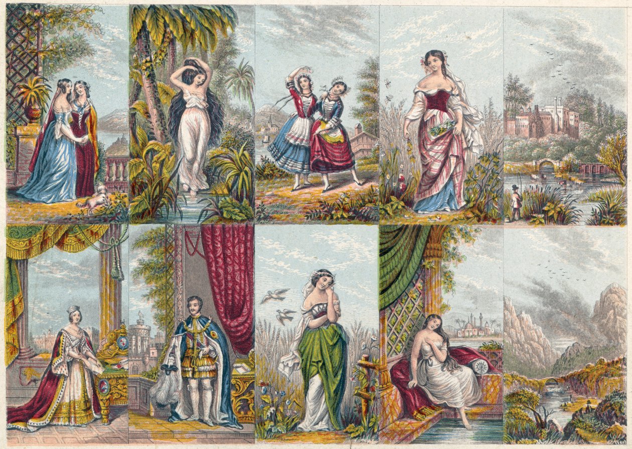 Nézet- és ábrák sorozata, köztük Viktória királynő és Albert herceg portréja, 1851 alkotó: Unbekannt