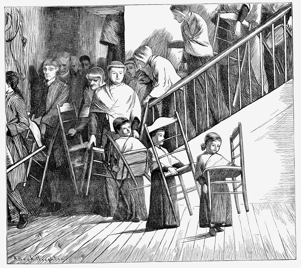 Shaker közösség vacsorázni megy, mindegyik a saját Shaker székével, New York állam, 1870 alkotó: Unbekannt