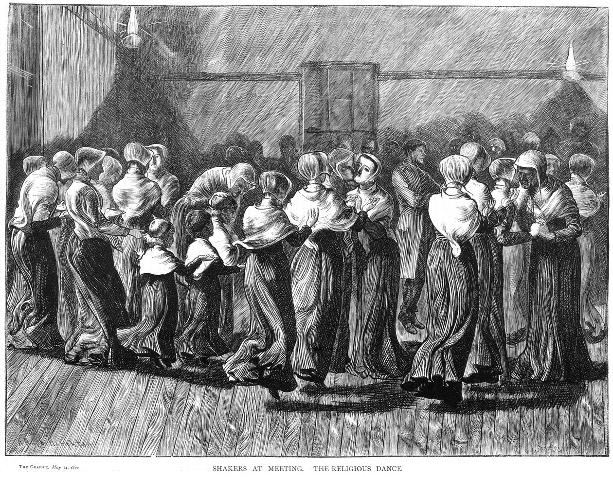 Shakerek táncolnak egy találkozón, Lebanon Springs, New York, USA, 1870 alkotó: Unbekannt