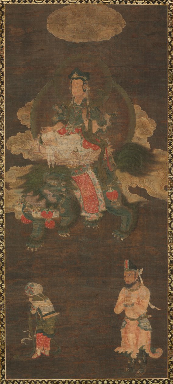 Sákjamuni triád: Buddha Mandzsusri és Samantabhadra Bodhisattva részvételével oroszlánnal, az 1300-as évek vége alkotó: Unbekannt
