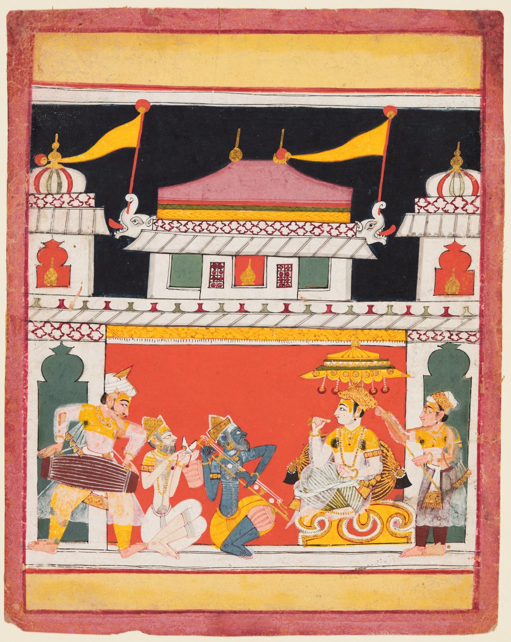 Shri Raga, egy Ragamala sorozatból, Három zenész lép fel egy nemes előtt, c. 1650. alkotó: Unbekannt