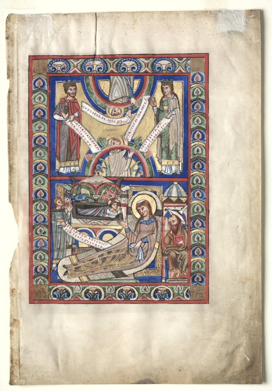 Egyetlen levél kivágva egy evangéliumi könyvből: A születés recto és Szent Máté verso, c. 1190. alkotó: Unbekannt
