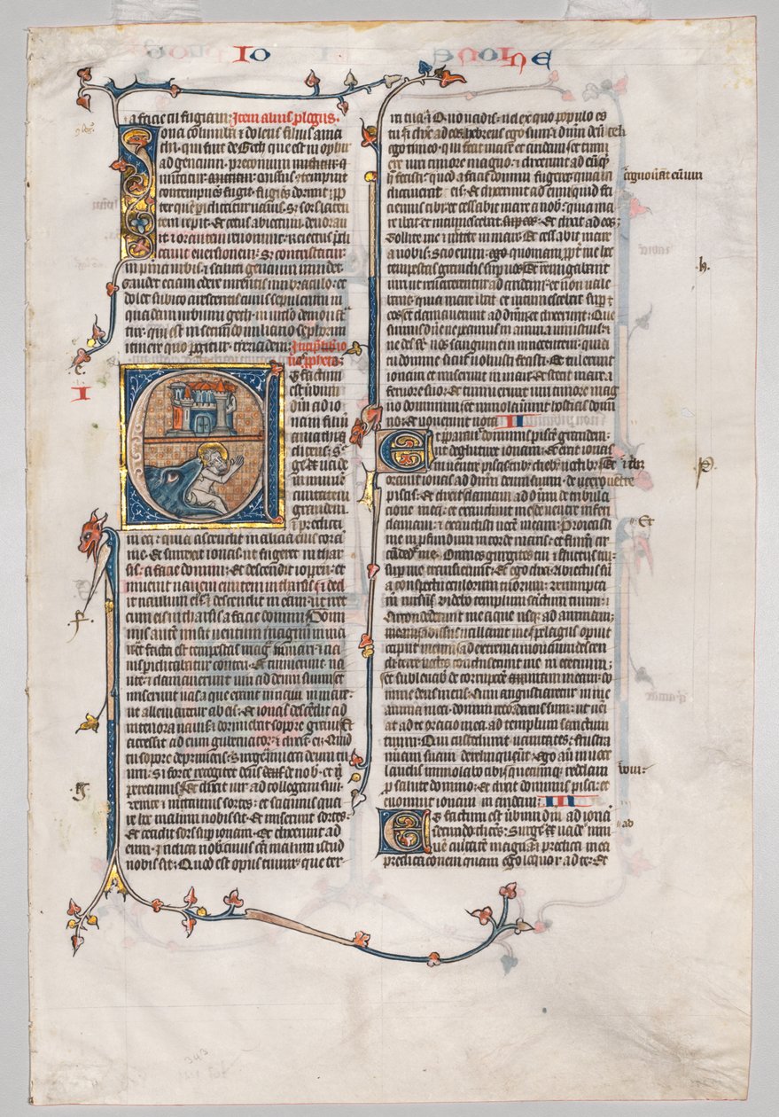 Egyetlen levél a Bibliából: Initial E[t factum est] Jonah-val, akit a bálna nyelt, c. 1290. alkotó: Unbekannt