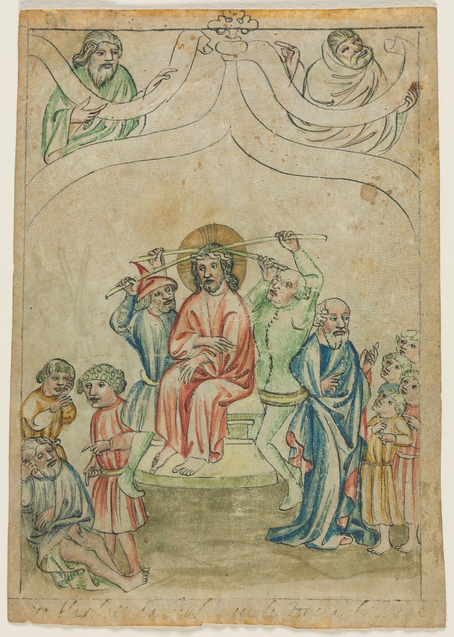 Egyetlen levél a Biblia Pauperumból: Krisztus keresztet hordozó verso, c. 1410. alkotó: Unbekannt