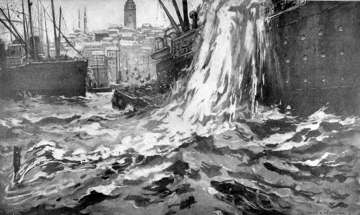 A Stamboul kereskedelmi hajó elsüllyedése, Isztambul kikötője. 1915. május 25 alkotó: Unbekannt