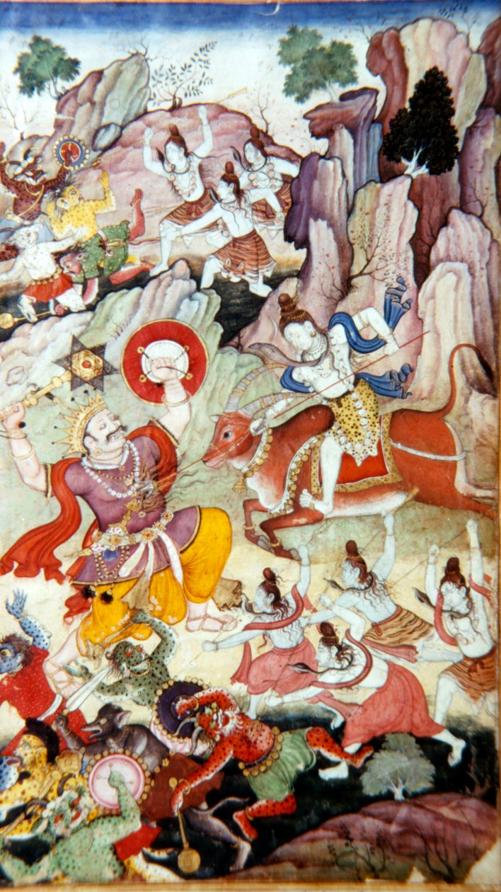 Siva elpusztítja a démont és Hakát, Harivamsa kézirat, Mogul iskola, 1590 alkotó: Unbekannt
