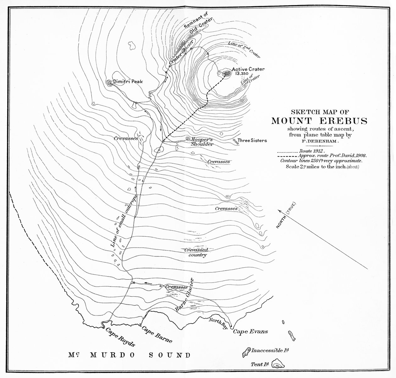 Vázlatos térkép az Erebus-hegyről, amely a felemelkedési útvonalakat mutatja, c1912, 1913 alkotó: Unbekannt