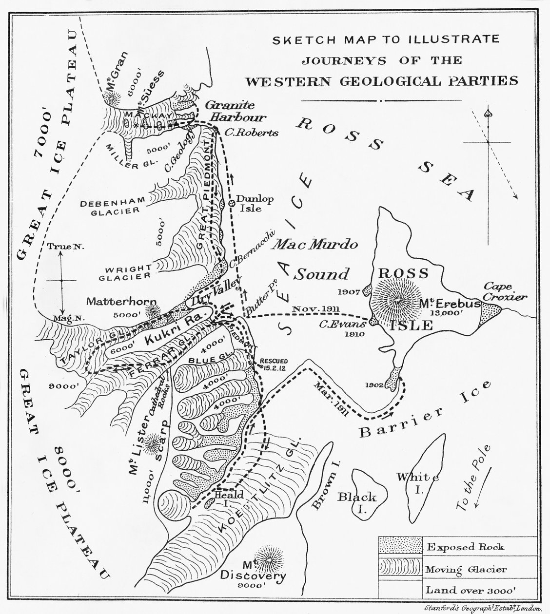 Vázlatos térkép a nyugati geológiai pártok utazásainak illusztrálására, 1913 alkotó: Unbekannt
