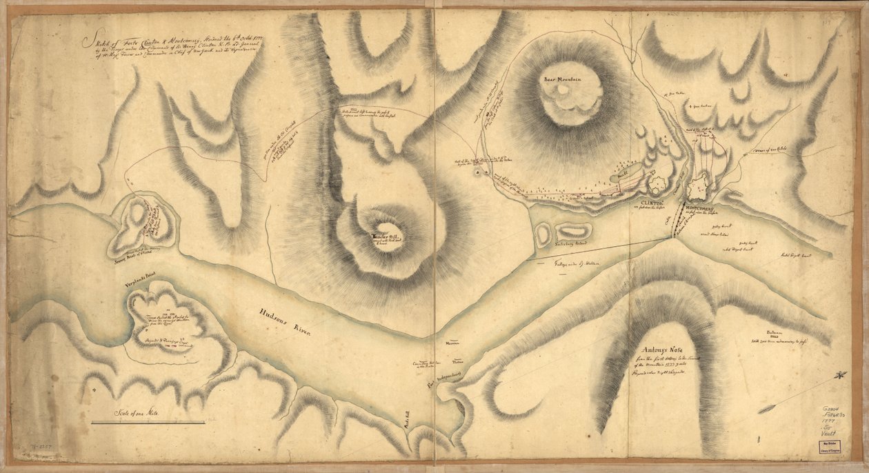 Vázlat a Forts Clinton és Montgomery-ről, megrohamozta október 6-án. 1777-ben a Sir Henry Clinton, K.B., a H. Maj. haderőnemi altábornagy és New York és függőségi területeinek főparancsnoka parancsnoksága alatt álló csapatok által. alkotó: Unbekannt