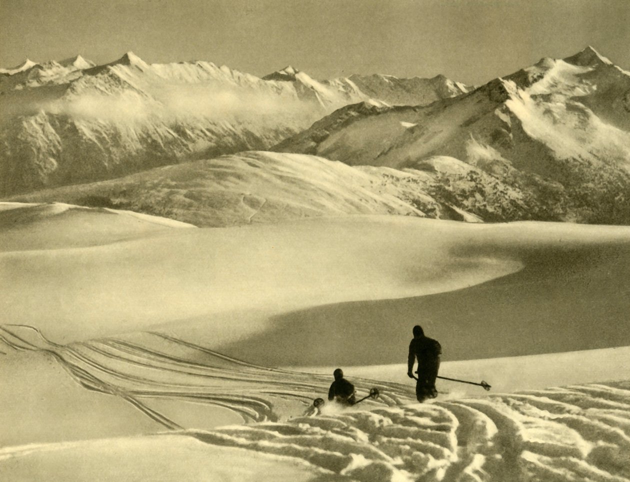 Síelés a Gerlos-fennsíkon, Ausztria, 1935. alkotó: Unbekannt