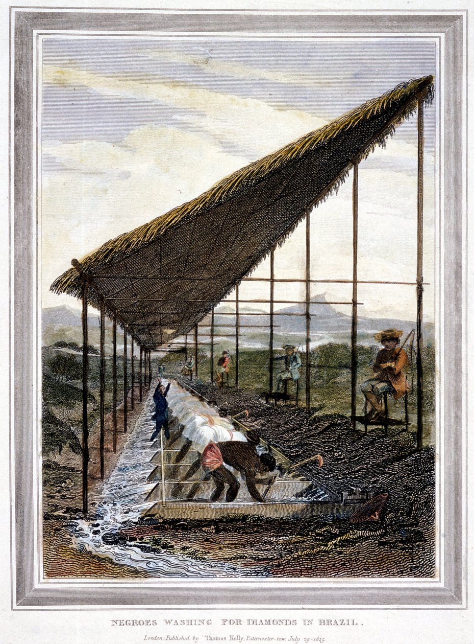 Rabszolgák, akik gyémántot mosnak, a felügyelők ostorral vigyáznak rájuk, Brazília, 1815 alkotó: Unbekannt