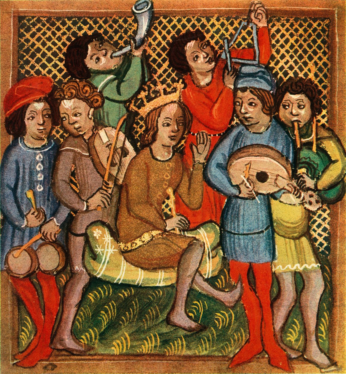 Kisdob, hegedű, kürt, háromszöglant és duda, Olomouci Biblia, 1417, 1948 alkotó: Unbekannt