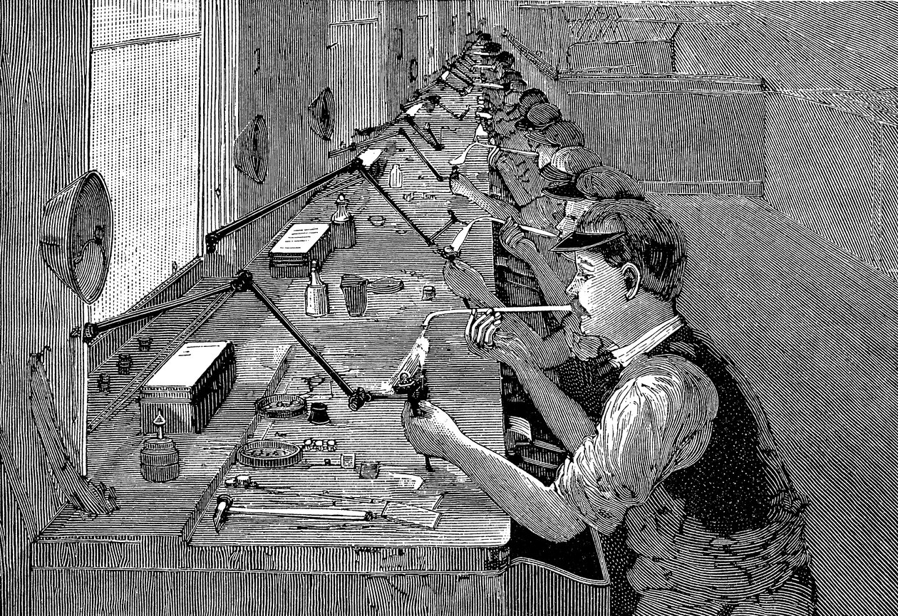 Kerékpár alkatrészek forrasztása amerikai gyárban, c1900 alkotó: Unbekannt
