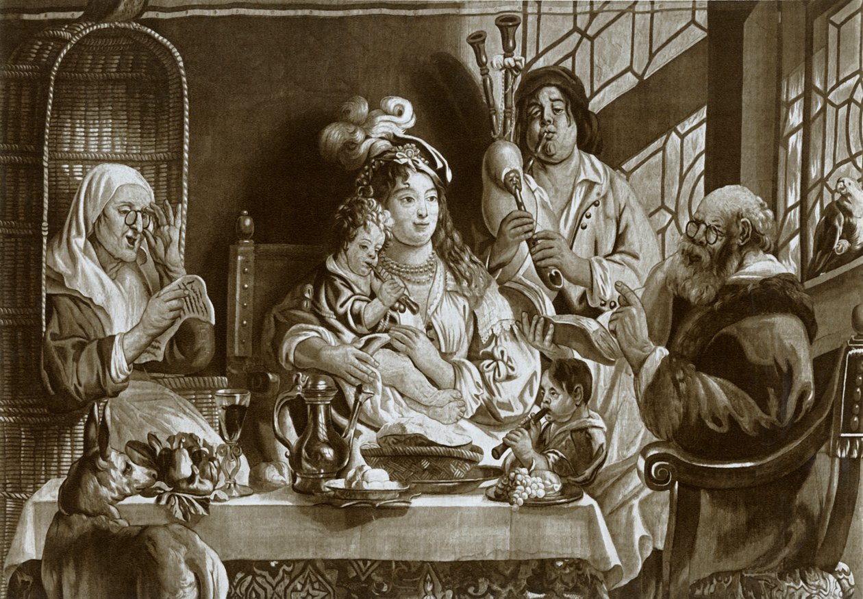 Szoprán hangrögzítők és duda, brüsszeli gobelin, Jacobus Jordaens terve, 1948 alkotó: Unbekannt