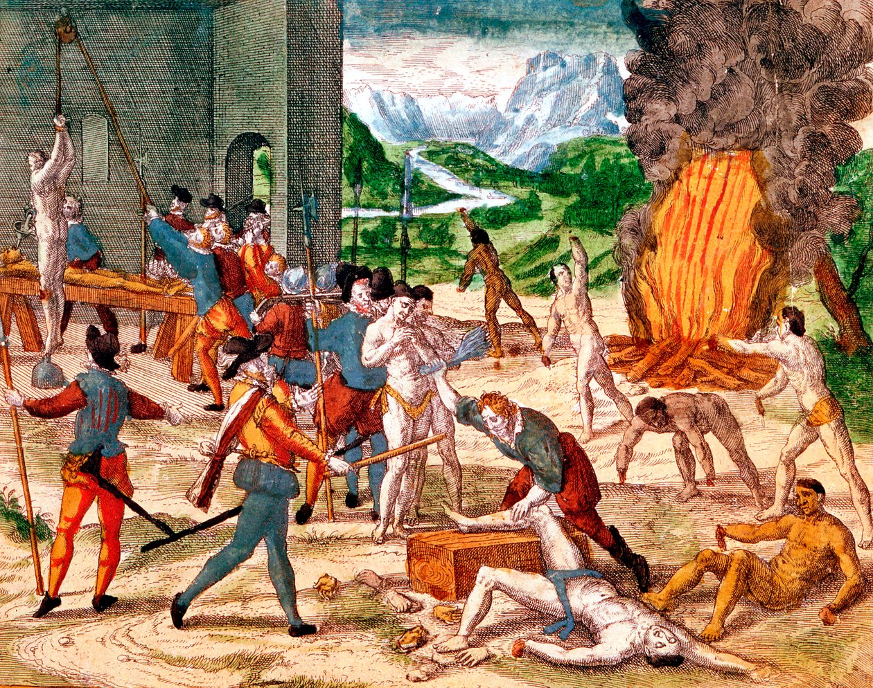 Spanyol hódítók, akik amerikai indiánokat kínoztak, 1539-1542 alkotó: Unbekannt