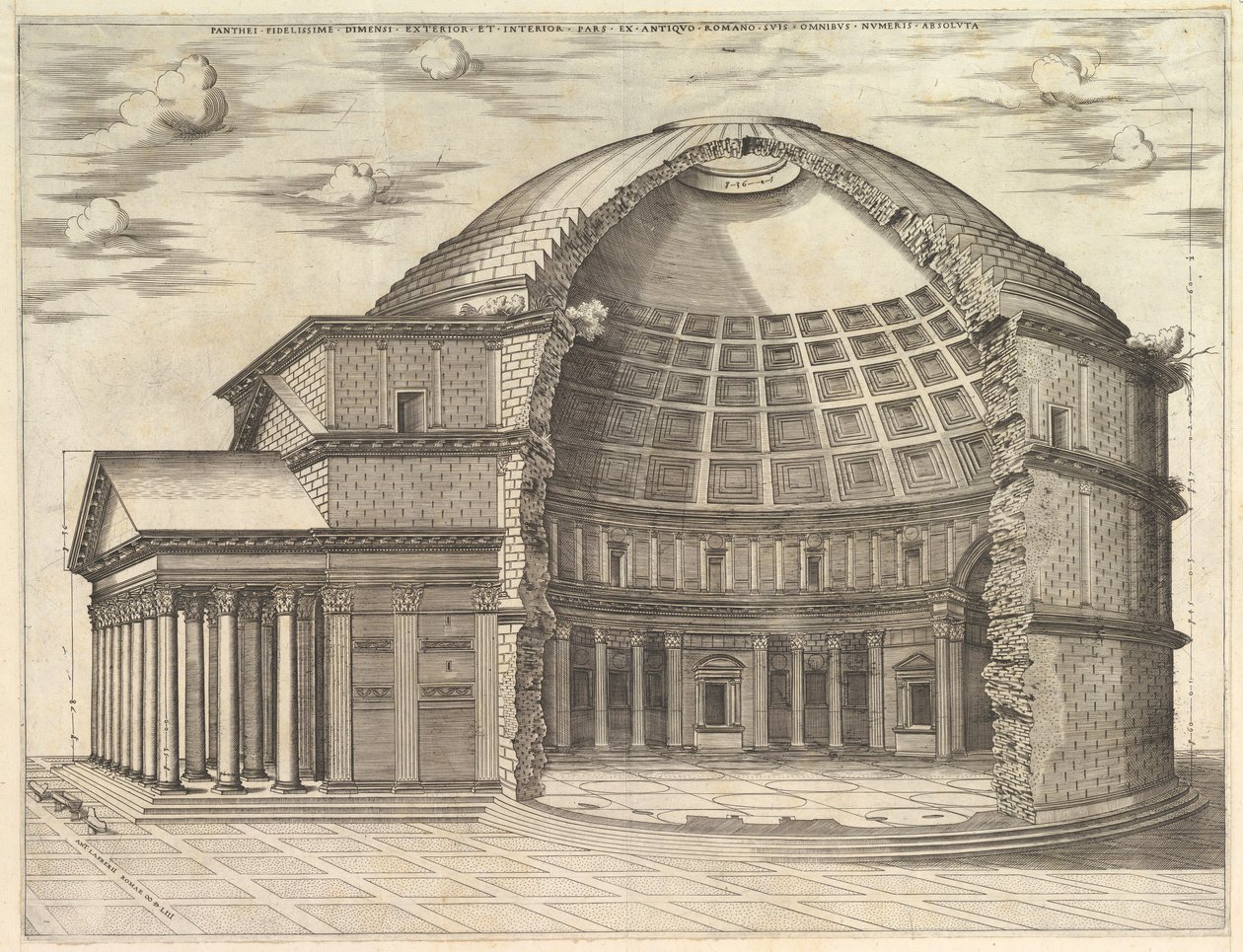 Speculum Romanae Magnificentiae: A Pantheon, letörve, hogy bemutassa a belső teret, 1553. alkotó: Unbekannt