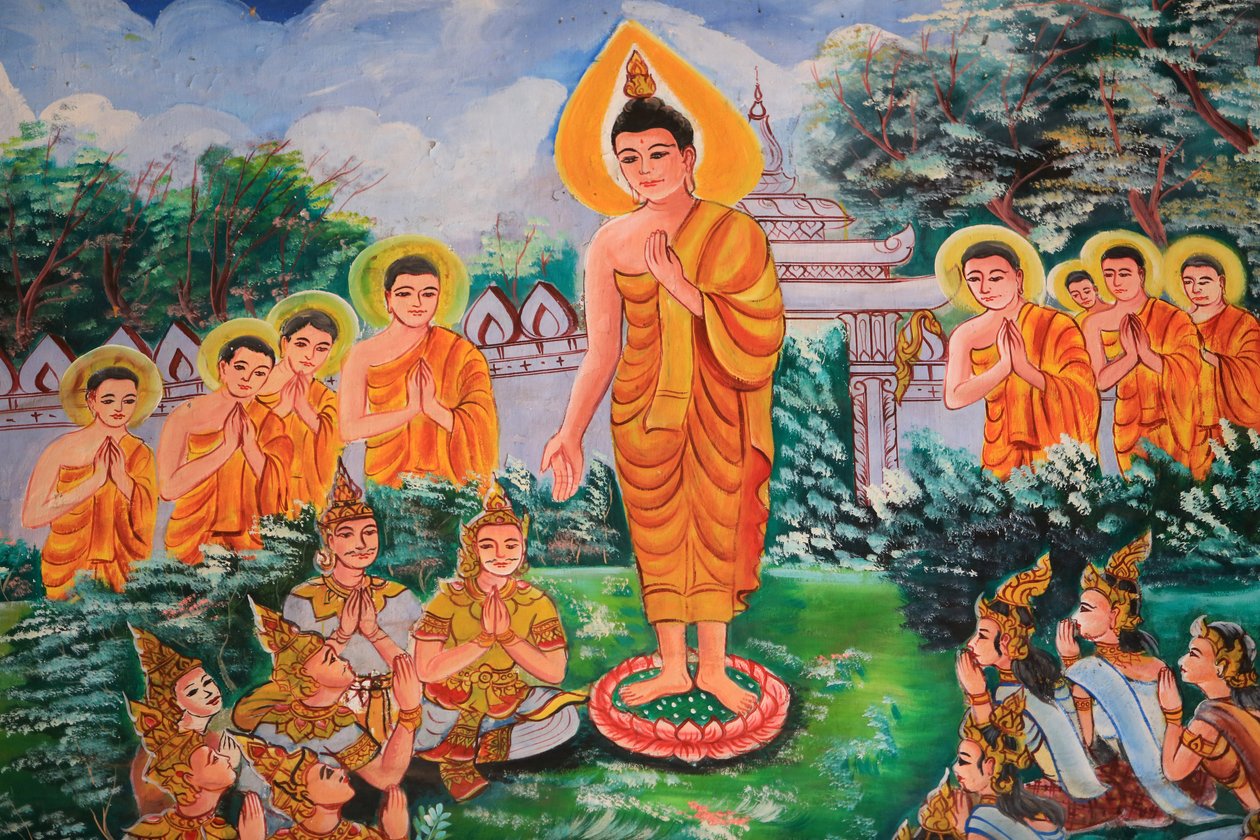 A Dharma terjesztése. Buddha élete. Mennyezeti alkotás, amely Buddha életét ábrázolja. Wat Inpeng. Vientiane. Laosz, 20151029, Vientiane, Laosz alkotó: Unbekannt