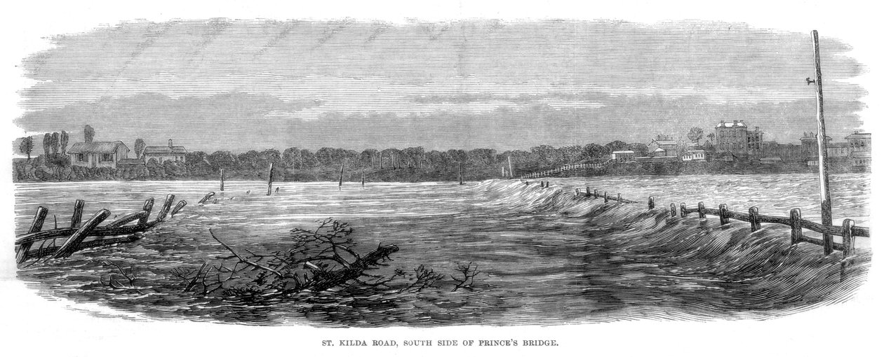 St Kilda Road, a Princes Bridge déli oldala – árvizek Melbourne-ben, Ausztráliában, 1864 alkotó: Unbekannt