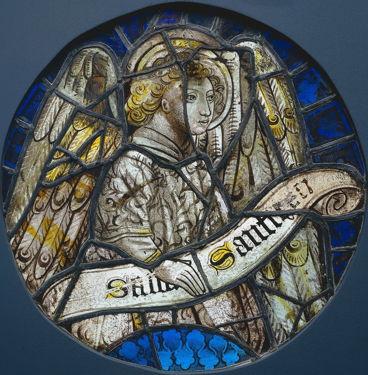 Ólomüveg kerek, tekercset tartó angyallal, c. 1425-1450. alkotó: Unbekannt