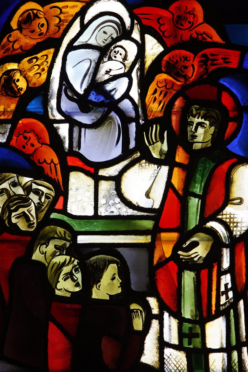 Ólomüveg Don Boscót ábrázoló Notre-Dame-de-la-Trinite templomban, Blois, Franciaország alkotó: Unbekannt