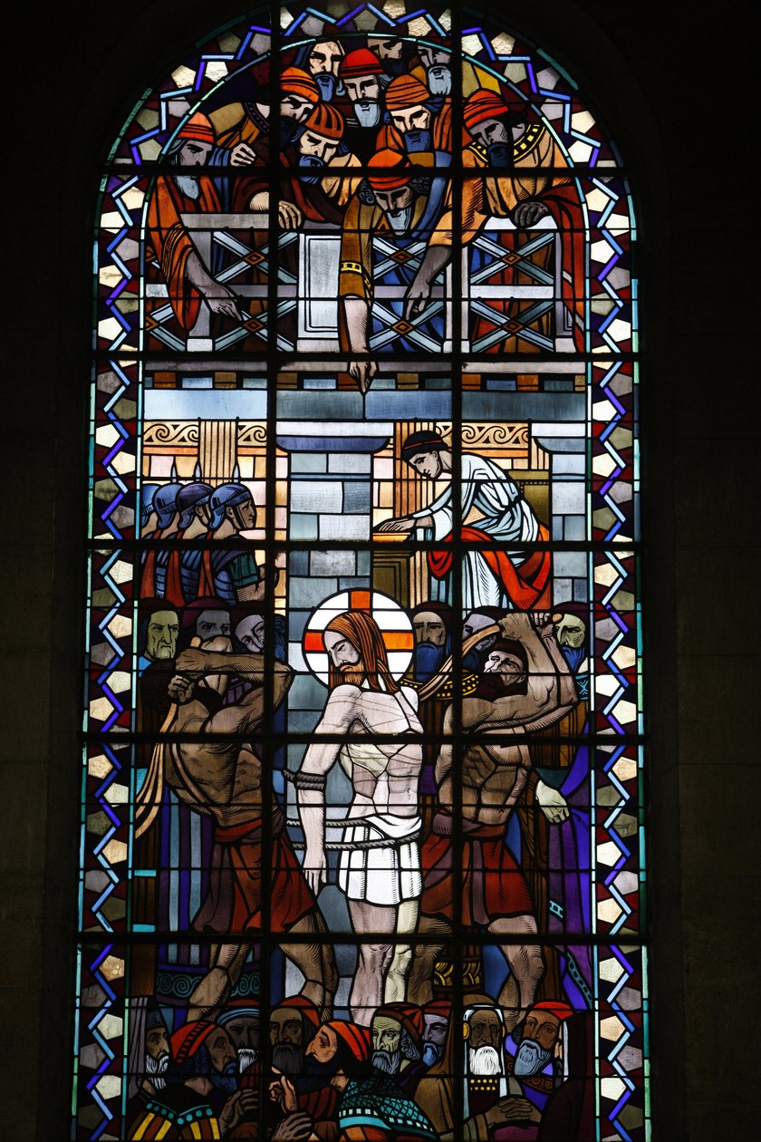 Ólomüveg a Notre Dame du Rosaire katolikus templomban: Krisztus szenvedése, Saint-Ouen, Franciaország alkotó: Unbekannt
