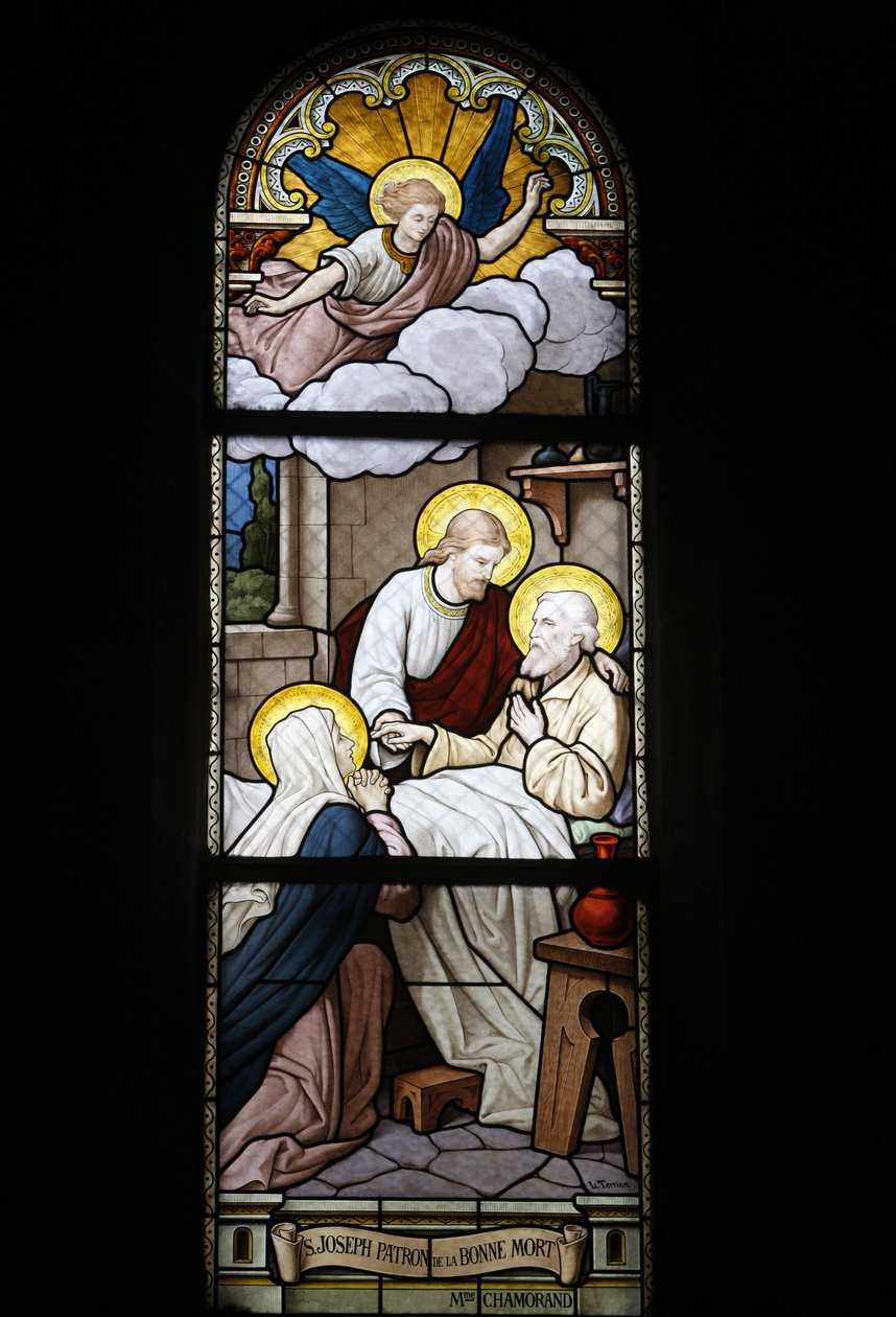 Ólomüveg a Notre Dame du Rosaire katolikus templomban: Szent József, a halál védőszentje, Saint-Ouen, Franciaország alkotó: Unbekannt
